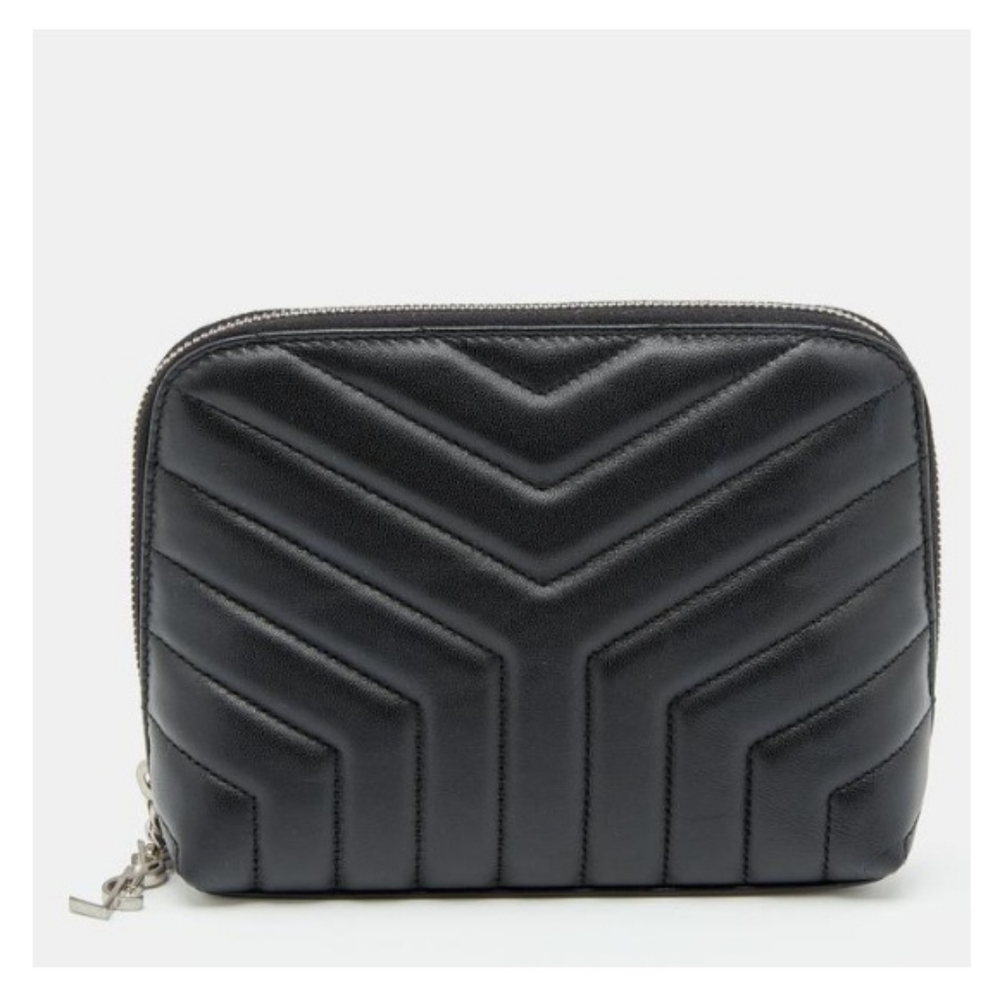 SAINT LAURENT LOULOU BLACK QUILTED LEATHER ZIP POUCH CLUTCH